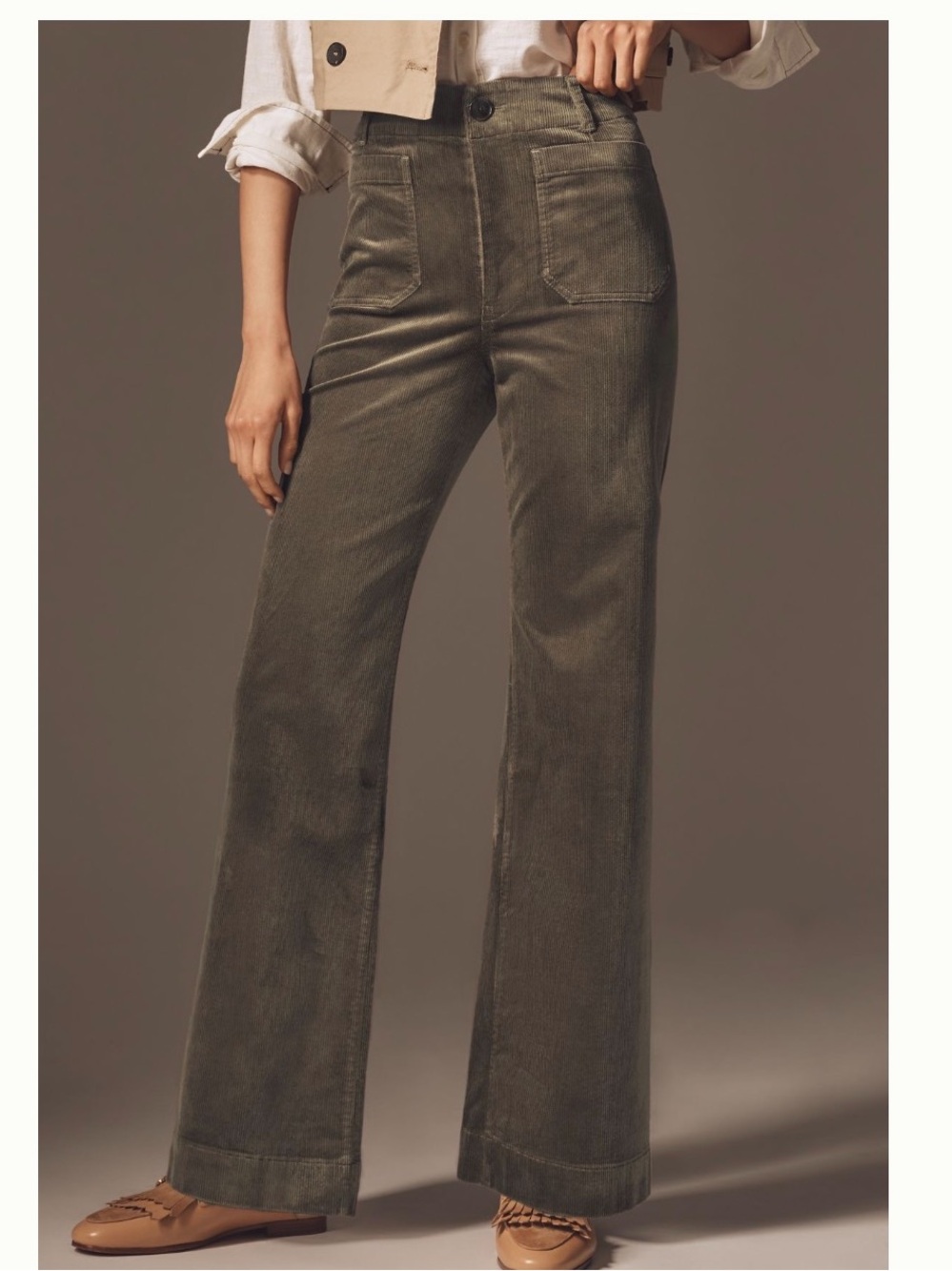 NWT Anthro Maeve Colette Corduroy High-Rise Wide-Leg Full-Length Pants in Green